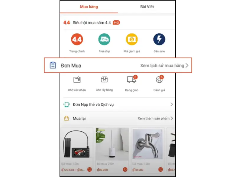 rong phần “Đơn mua”, tìm và nhấn vào đơn hàng