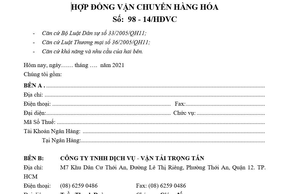 Hợp đồng vận chuyển hàng hóa Hợp đồng vận chuyển hàng hóa