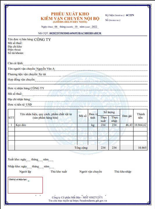 Phiếu xuất kho kiêm vận chuyển nội bộ